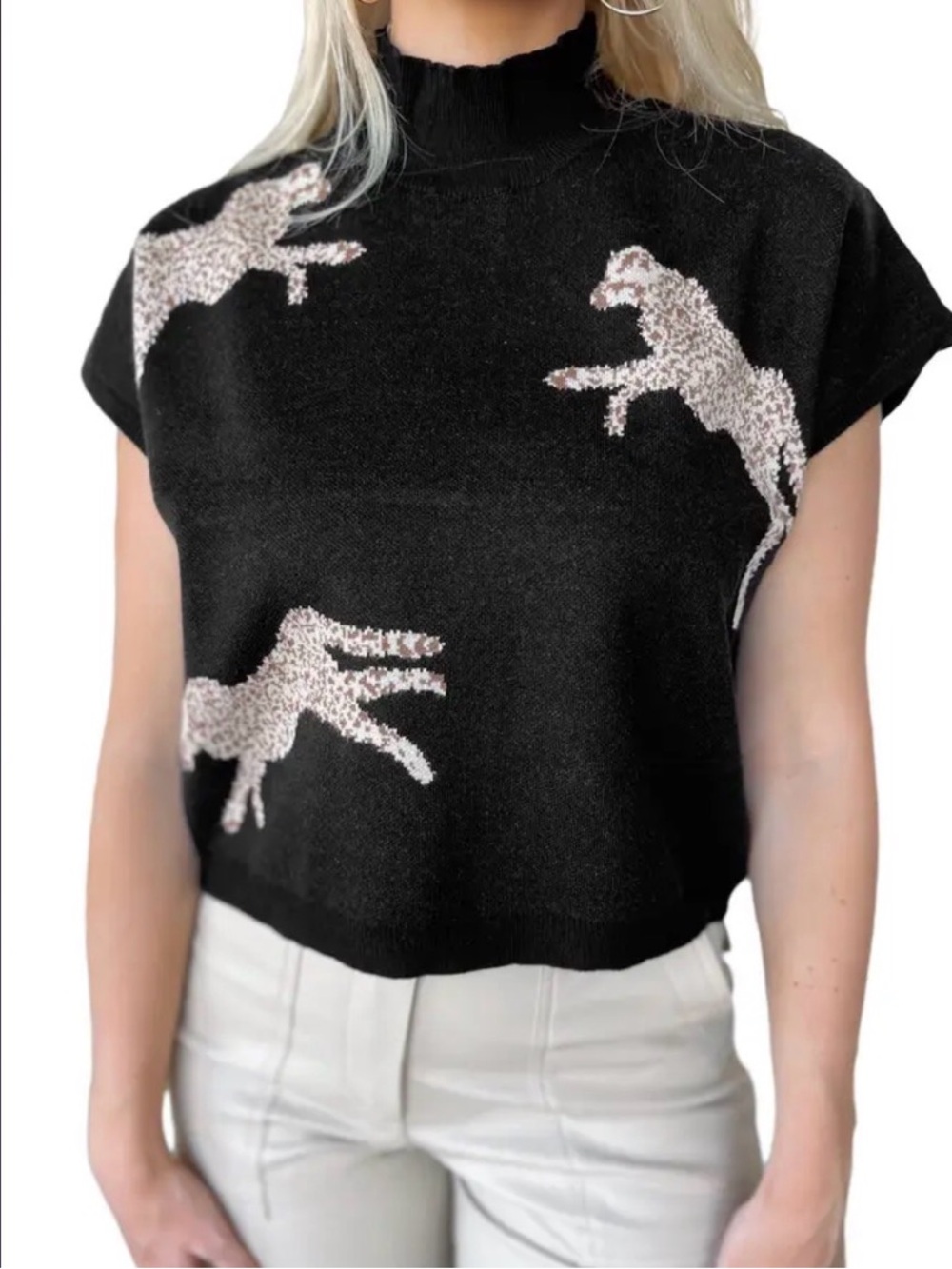 Entro Black Sweater with Beige Tiger Motif - Women
